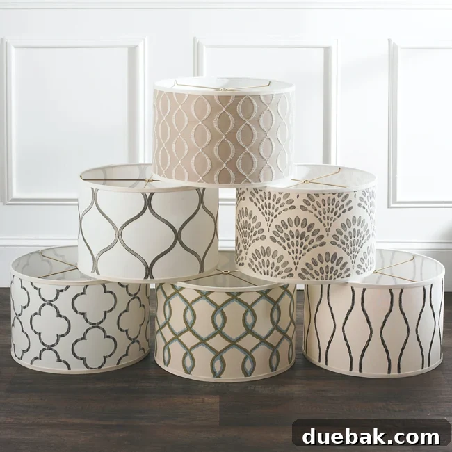 Close up of new Young House Love fabric shades in various patterns and colors