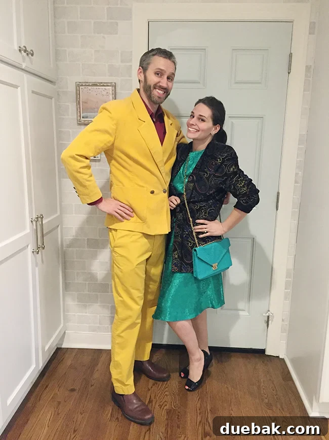 Making House Cleaning Less of a Chore 3 A couple showcasing humorous outfits from a thrift store date night, featuring a gentleman in a pink tie and a lady in a sparkly purple dress.