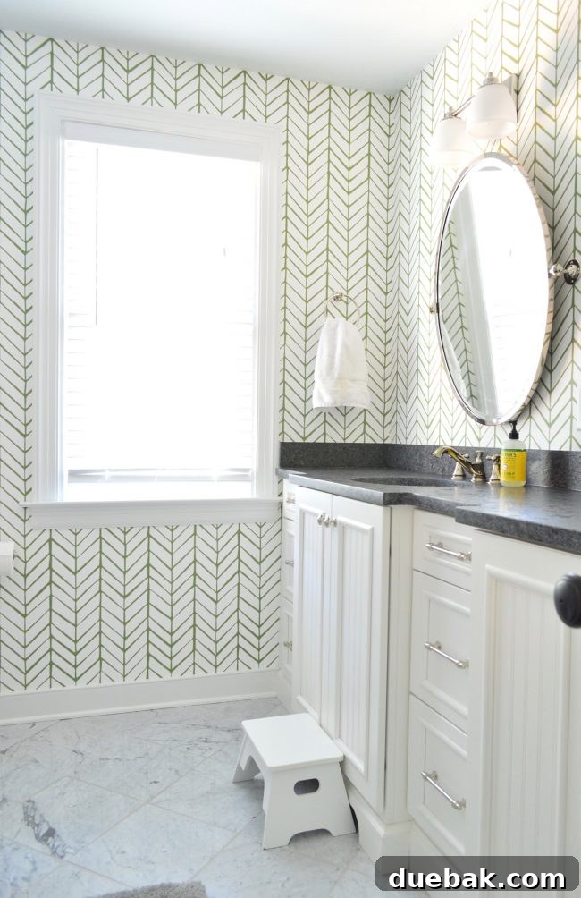Upstairs Hall Bath with Chevron Wallpaper