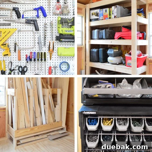 Organized shed interior with various storage solutions