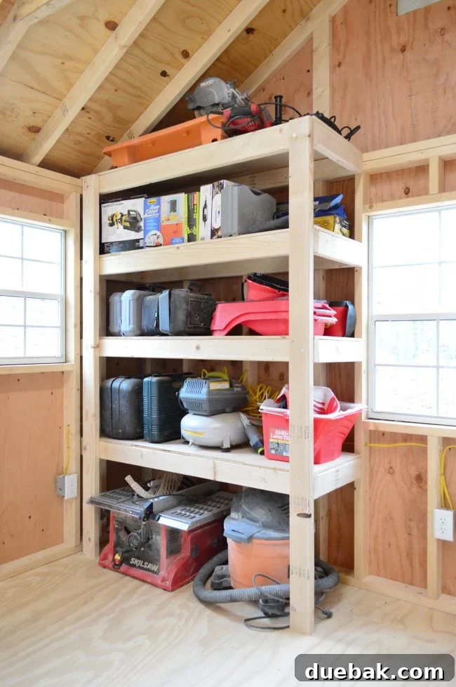 DIY heavy duty wood shelves installed in a shed