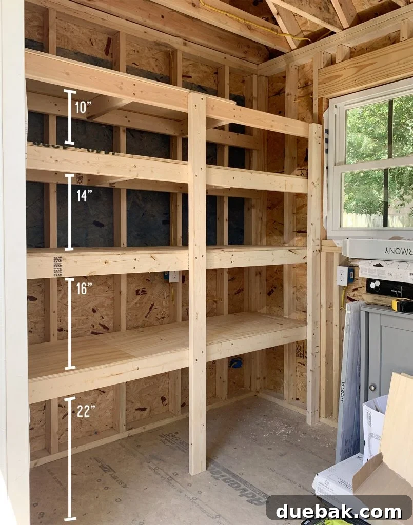 Spacing of heavy duty DIY shelves in beach house shed for optimal storage
