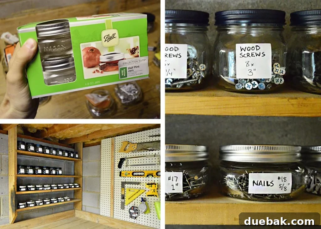 Collage of mason jar storage in shed to contain nails and screws, with labeled and painted lids