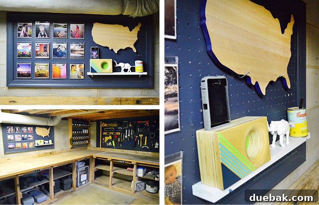 Collage of Painted Shed Pegboard Organization with various tools and decorative elements