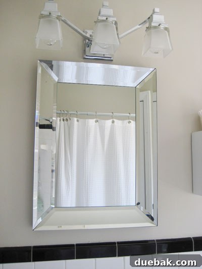 Monogrammed Bathroom Storage Ideas 4 Ornate, dark framed mirror replacing an old mirror in a newly refreshed black and white bathroom.