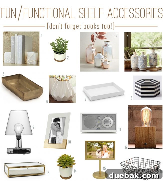 Inspirational mood board showcasing fun and functional neutral bookshelf accessories for stylish home decor, including vases, trays, and small sculptures.