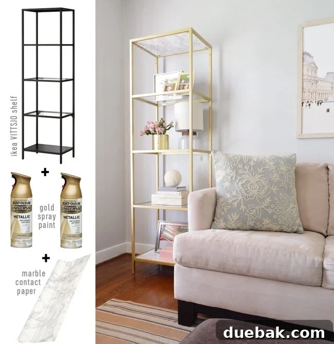Detailed view of a gold IKEA shelf hack with marble contact paper, showcasing decorative items and a stylish, custom look.