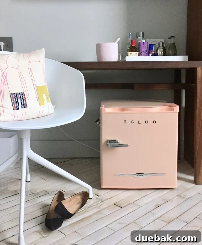 Interior shot of Quirk Hotel showing a unique peach fridge