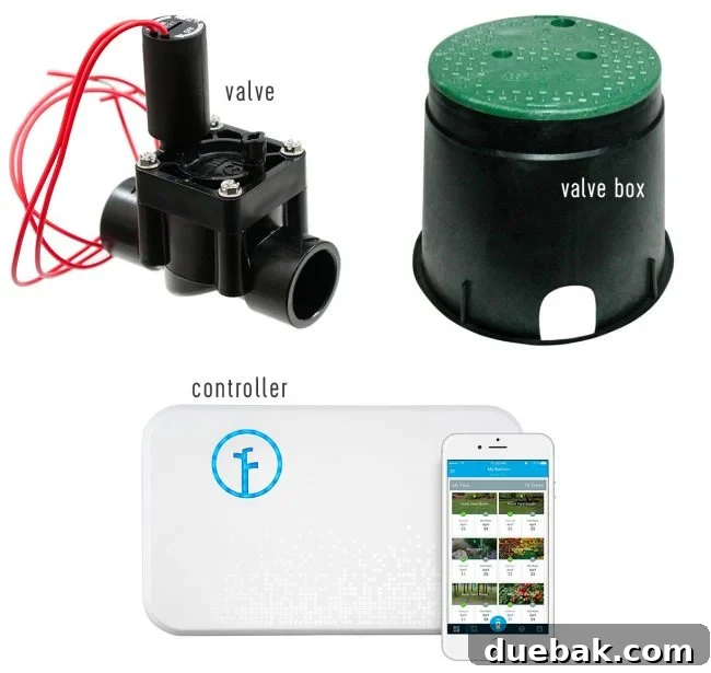 Irrigation system components: a valve box protecting an in-ground valve connected to a Rachio smart controller