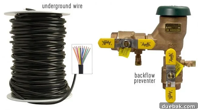 Underground 10-conductor sprinkler wire and a backflow preventer, essential irrigation system materials