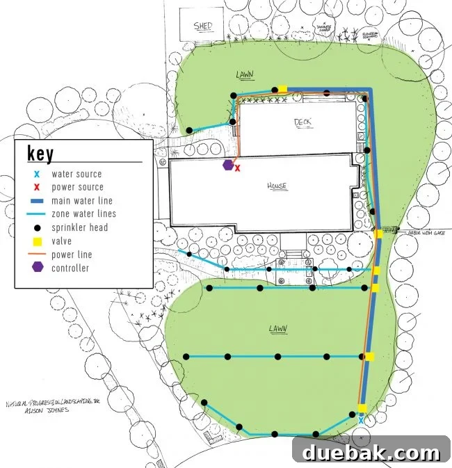 Irrigation system landscape plan detailing valve locations, power line route, and controller placement