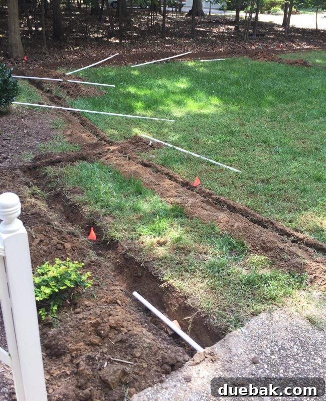 PVC irrigation pipes being loosely laid out along freshly dug trenches during system installation