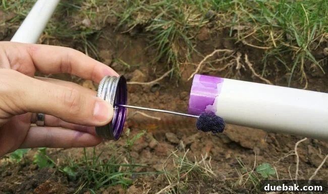 Applying purple primer to the end of a PVC pipe section for an irrigation system connection