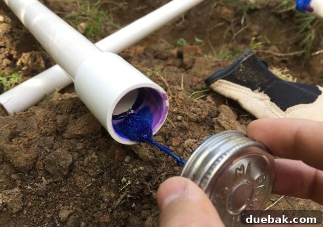 Applying blue PVC cement to the interior surface of a PVC coupling for a secure irrigation pipe connection