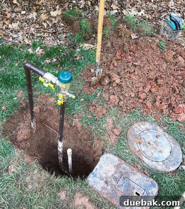Dug-up irrigation system area showing a backflow preventer and a blowout connection