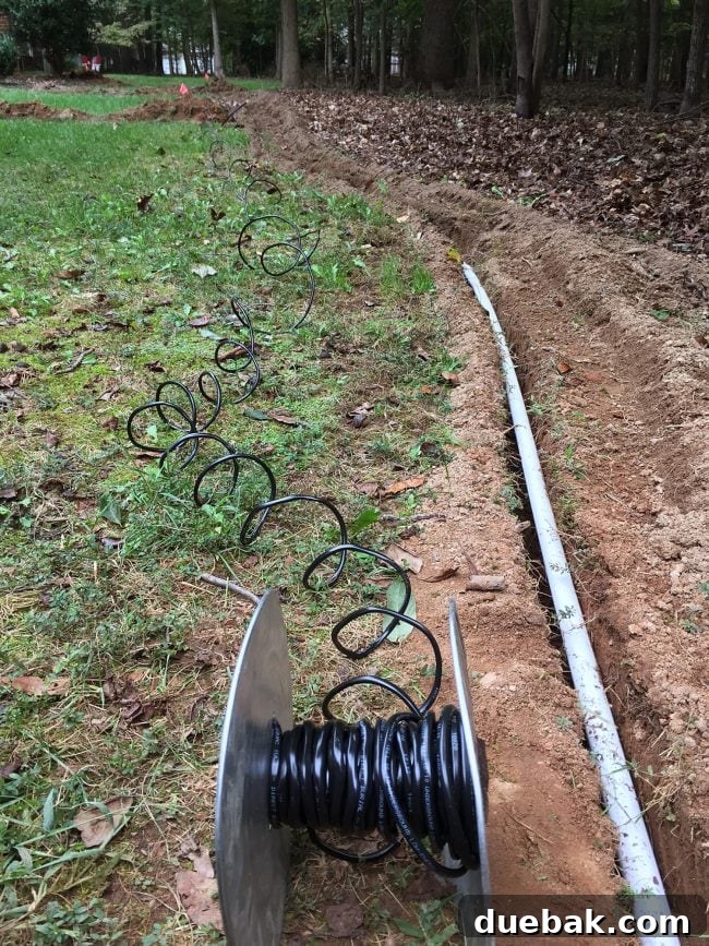 Underground sprinkler wire being run alongside irrigation pipes during system installation