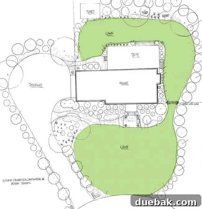 Detailed landscape architect plan showing proposed planting areas and hardscaping features