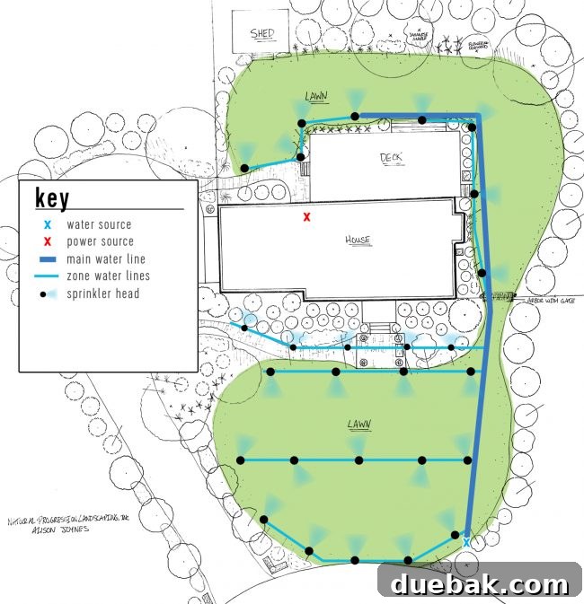 Irrigation system landscape plan with key showing marked locations of individual sprinkler heads