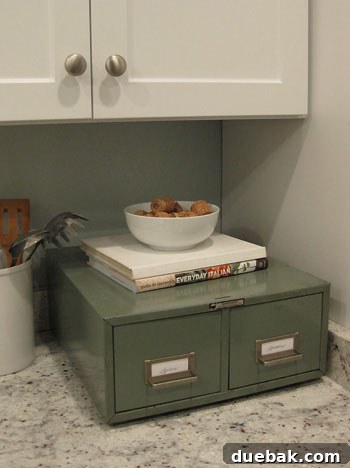 Vintage Card Catalog on Counter, Next to Kitchen Items