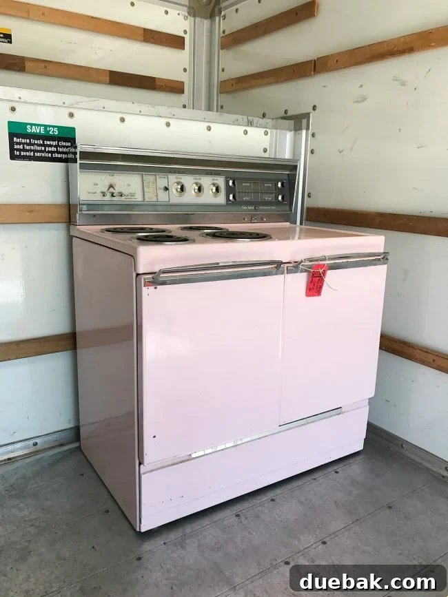 Coastal Kitchen Star: The Retro Rose Oven 4 Another view of the vintage pink Frigidaire stove in the garage