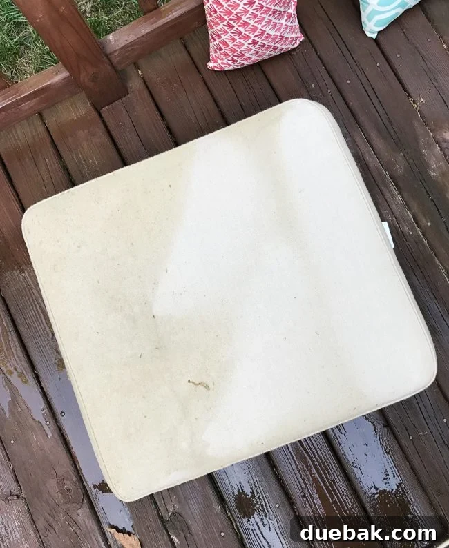 Large outdoor sofa cushions severely discolored and dirty before pressure washing.