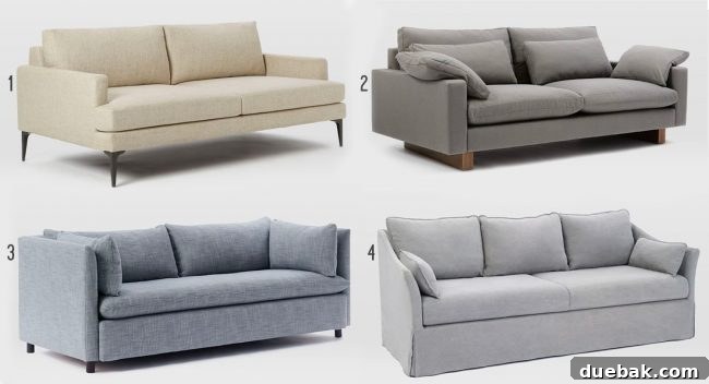 Four different modern sofa designs for a living room