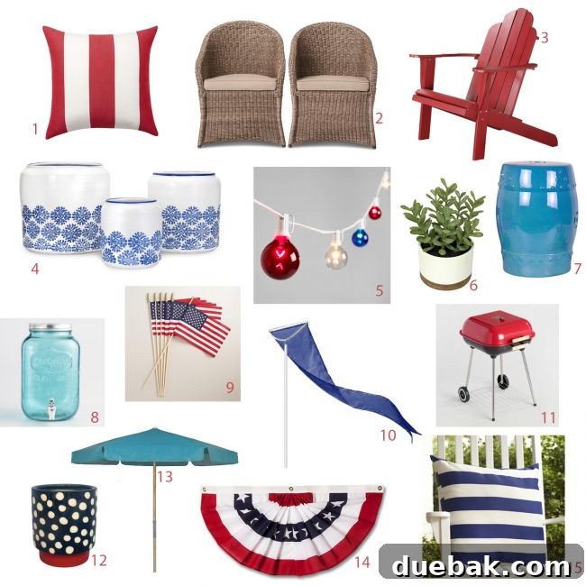 Patriotic Curb Appeal 10 A mood board showcasing a curated selection of Fourth of July and patriotic outdoor decorations, inspiring vibrant and festive exterior styling.