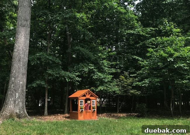 The charming cedar wooden playhouse now situated in the backyard grass