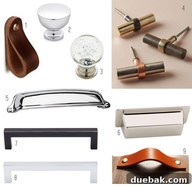 Beach house kitchen hardware moodboard with various pull and knob options