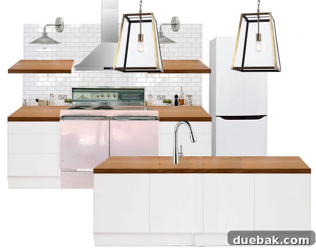 Kitchen planning mood board with lantern-style lights, deemed too traditional