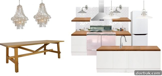 Beach house kitchen planning mood board including dining area with capiz pendants