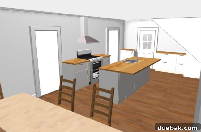 IKEA 3D kitchen planner rendering without upper cabinets, closer to final design