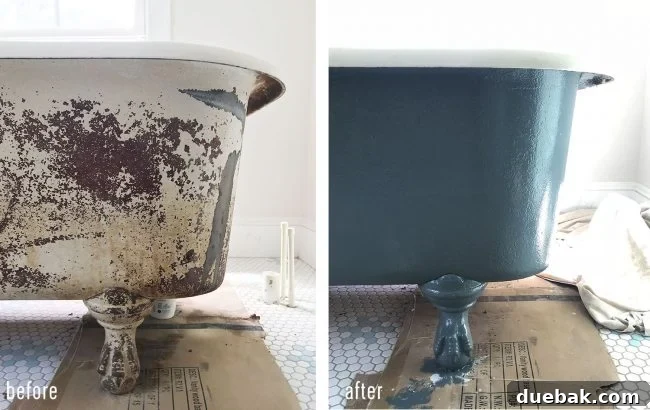 Before and after of refinished navy blue clawfoot tub highlighting the dramatic transformation