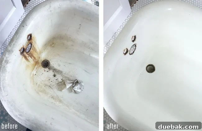 Side by side before and after comparison of the cleaned inside of an antique clawfoot tub