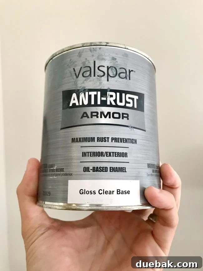 Can of Valspar Anti-Rust Armor Paint, crucial for refinishing a clawfoot tub
