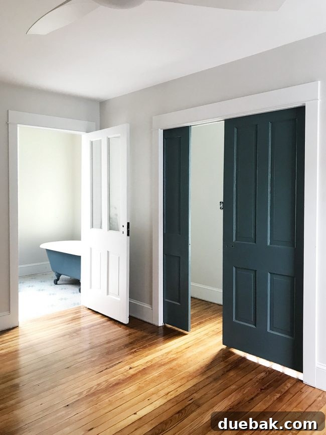 Painted pocket doors in Riverway blue-green in back bedroom