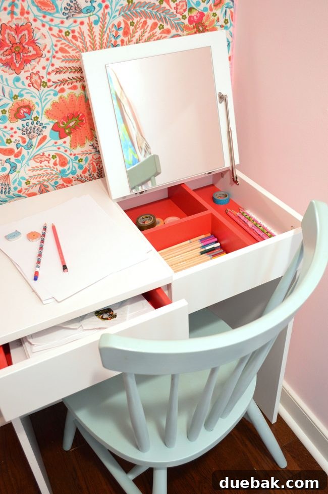 Close-up of the girls bedroom closet writing desk with flip-up storage