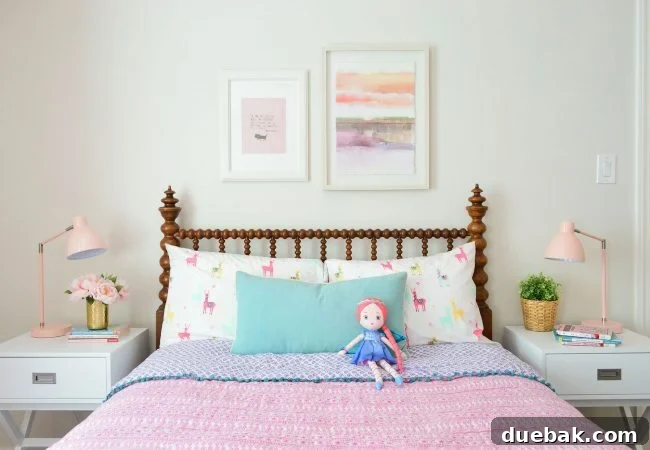 Updated girls bedroom featuring a new wooden headboard and art above the bed