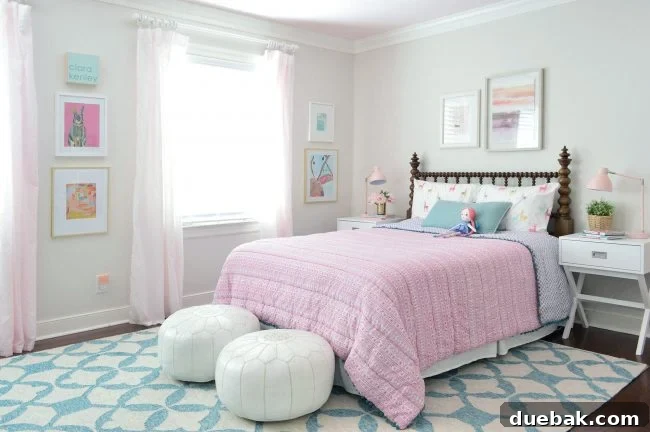 Girls bedroom with updated bedding and rug, showcasing improved cohesion