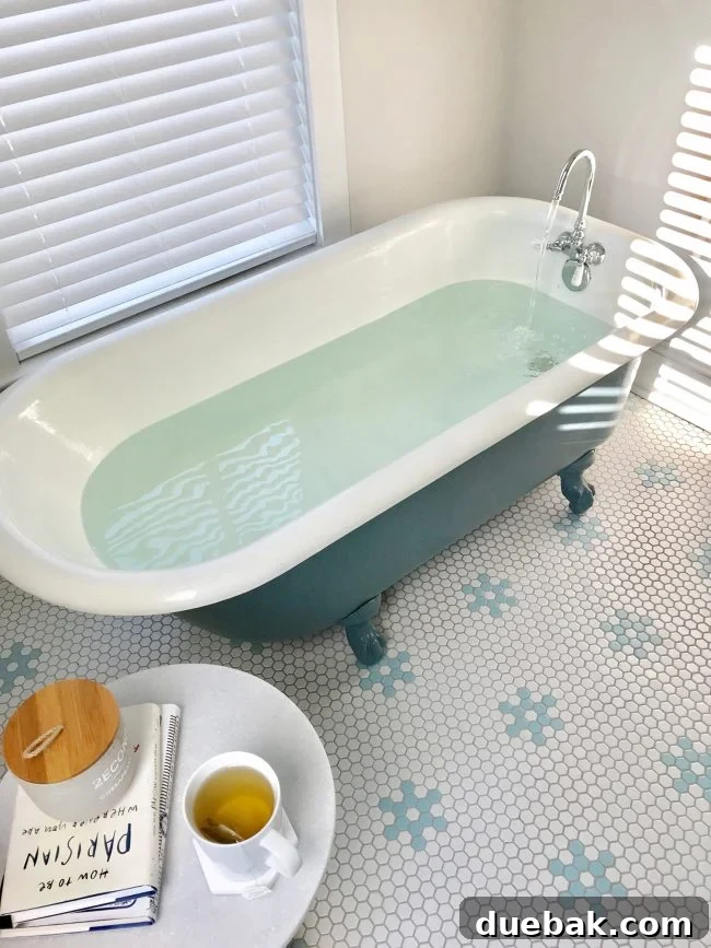 Sherry enjoying a relaxing bath in the clawfoot tub at the beach house before a plumbing issue