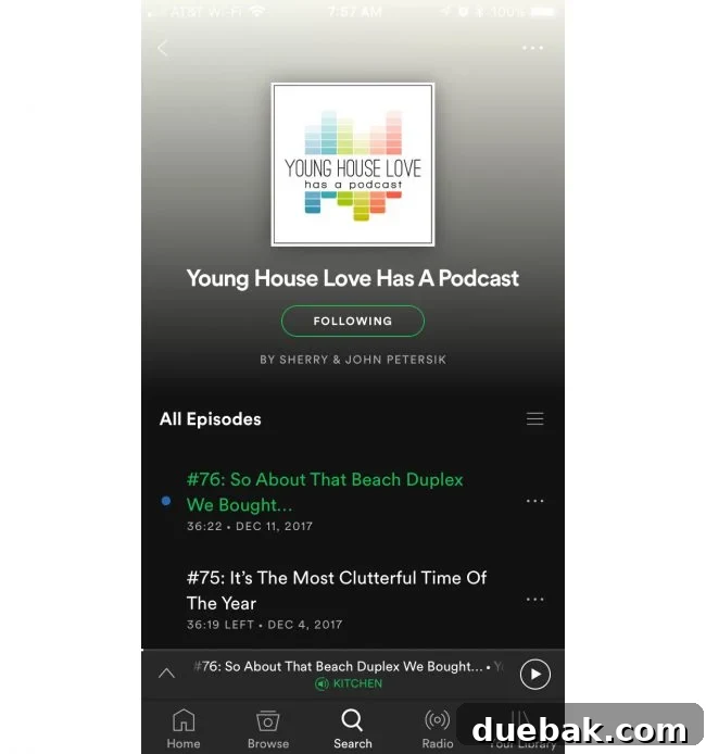 Spotify app interface on a mobile device, showing podcast listening options.