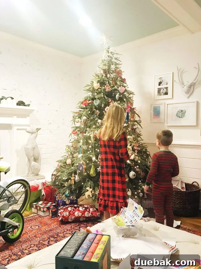 Christmas morning scene with gifts, including bikes and books.