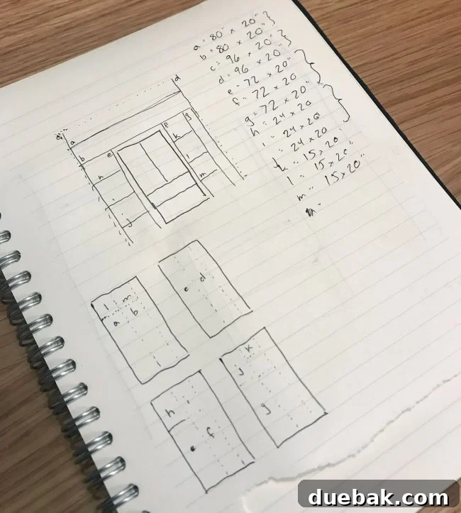 notebook with sketches of pantry shelves with materials outlined