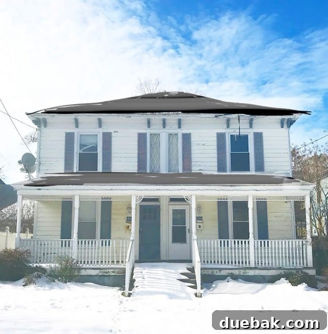 Renovation Rage 7 Before photo of a historic home in Cape Charles Virginia in snow with a proposed modified roofline