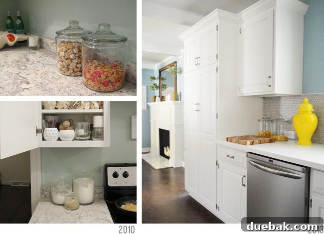 Early kitchen photo with glass canisters and other kitchen items.