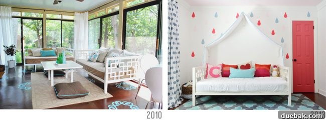 Early photo of the white daybed in a bright sunroom.