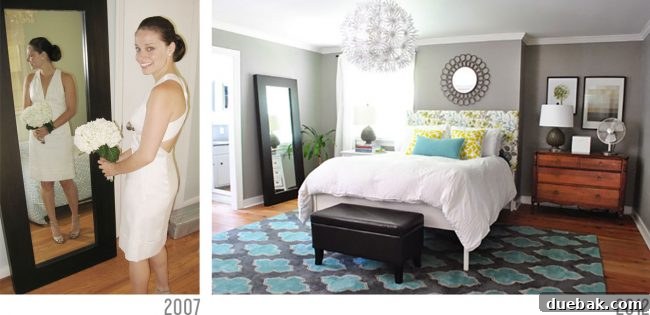 Early photo of the leaning mirror in a bedroom, adjacent to other furniture.