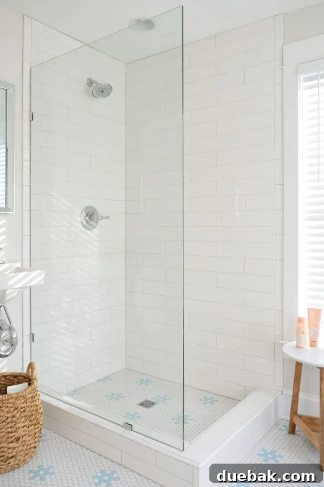 Glass shower pane and basket in a bathroom