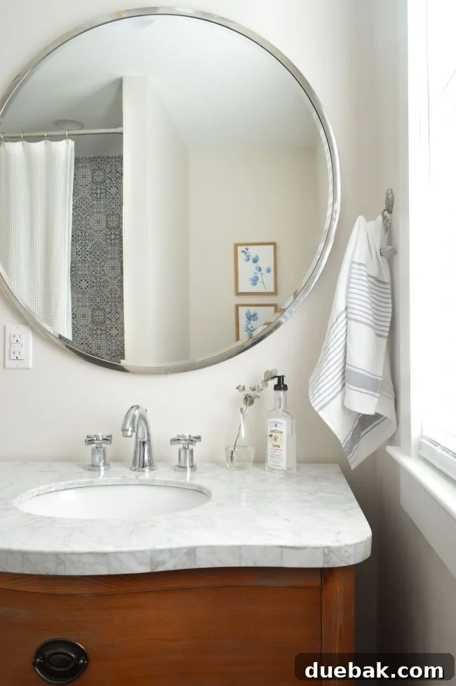 Upstairs hall bath with 7-foot shower curtain