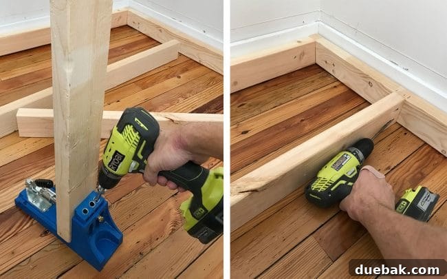Constructing Bespoke Bunk Beds 8 A person using a Kreg Jig to drill pocket holes into 2x4 boards, preparing them for strong, hidden joinery in the bunk bed frame.
